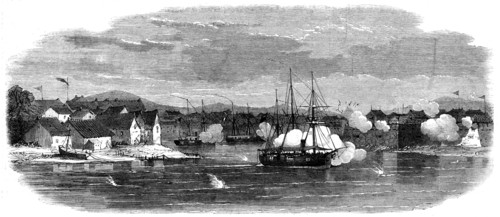 The Capture of Ningpo: bombardment of Point Battery and East Gate, 1862. Creator: Unknown.