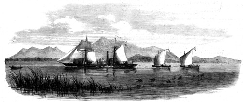 The Pioneer with boats in tow laden with parts of the steamer for Dr. Livingstone, 1862. Creator: Unknown.