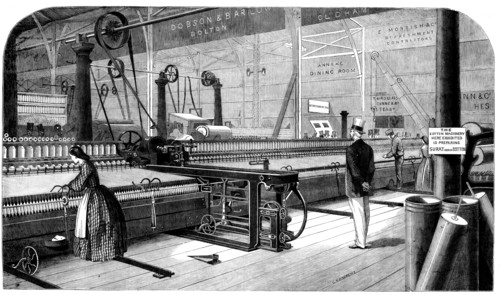Cotton manufacture: Platt's self-acting mule, or cottonspinning machine, 1862.  Creator: Unknown.