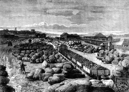 Cotton bales lying at the Bombay terminus of the Great Indian Peninsular Railway, 1862. Creator: Unknown.