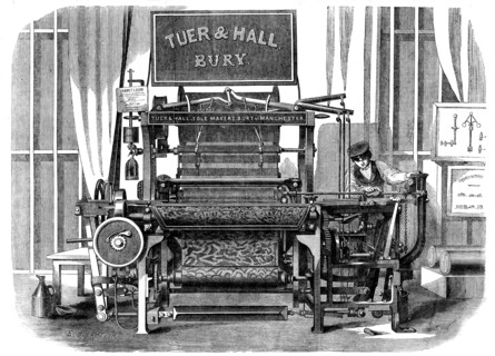 The International Exhibition: Tuer and Hall's power-loom for weaving carpets..., 1862. Creator: E Bourdelin.