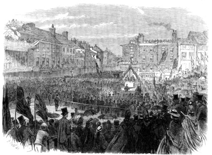The Preston Guild Festival: the mayor laying the foundation-stone of the...new townhall, 1862. Creator: E. Skill.