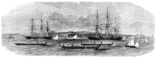 View of Auckland Harbour, New Zealand...the race of the Maori war-canoes, 1862. Creator: Unknown.
