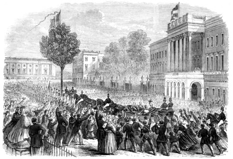 King Leopold's public entry into Brussels...arrival of His Majesty at the palace..., 1862. Creator: Unknown.