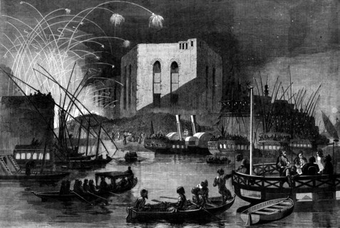 A night scene on the Nile near the mouth of the Cairo canal, during the festival of Gebr..., 1862. Creator: Unknown.