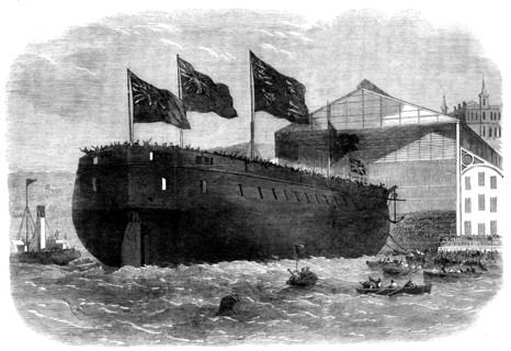 Launch of Her Majesty's armour-plated screw-frigate Caledonia, 31 guns, at Woolwich..., 1862. Creator: Unknown.