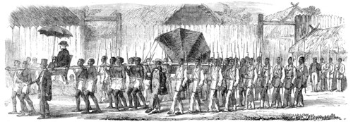 Procession of the British Envoys to Madagascar from the seashore to the Fort of Tamatave..., 1862. Creator: Unknown.