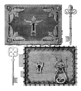 The International Exhibition: Hobbs and Ashley's gothic locks and keys, 1862. Creator: Unknown.