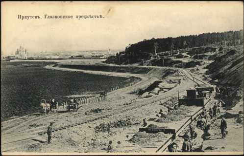View of the city of Irkutsk from the Irkutsk Bridge. Glazkovskoe suburb, 1900-1904. Creator: Unknown.