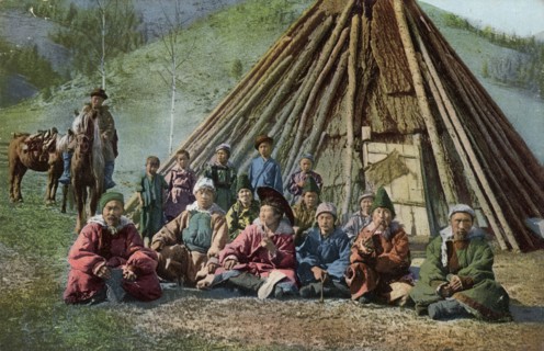 Group of Altai Beside a Dwelling (Chaadyr), Katun River Valley, 1911-1913. Creator: Sergei Ivanovich Borisov.