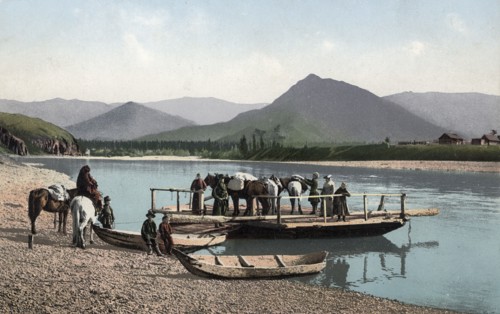 Ferry on the Katun River near the Village of Nizhny Uymon, 1911-1913. Creator: Sergei Ivanovich Borisov.