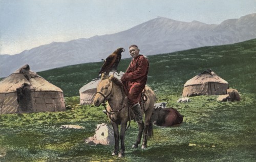 Kazakh with a Golden Eagle, on a Horse with Yurts in the Background, Valley of the Arakan...,1911-13 Creator: Sergei Ivanovich Borisov.