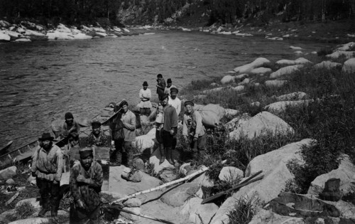 Carrying the Heavy Load of a Land-Management Expedition, Detouring the Mrassu River Rapid, 1913. Creator: GI Ivanov.