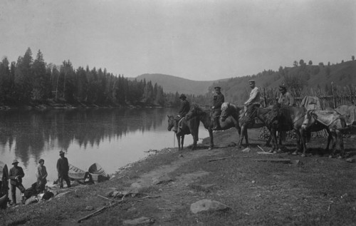 The Land-Management Expedition Boats and Horses on the Mrassu River Shore, Near the Ulus..., 1913. Creator: GI Ivanov.