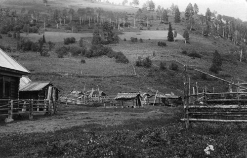 Farm Structures in the Ulus Kumys and a Ploughed Field on the Slope, 1913. Creator: GI Ivanov.