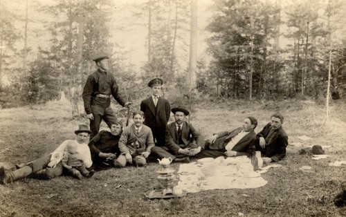 Employees of the Znamensky glass factory on a forest walk in the vicinity of the village, 1910-1913. Creator: S. Ia. Mamontov.