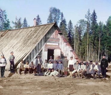 Austrian prisoners of war near a barrack, [near Kiappeselga], 1915. Creator: Sergey Mikhaylovich Prokudin-Gorsky.