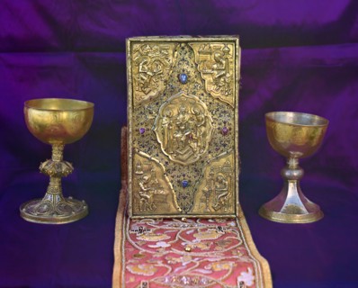 Tsar Aleksei Mikhailovich's gospel and Tsar Mikhail Feodorovich's sacramental vessels..., 1911. Creator: Sergey Mikhaylovich Prokudin-Gorsky.