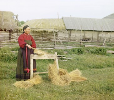 Peasant woman breaking flax;Perm Province, 1910. Creator: Sergey Mikhaylovich Prokudin-Gorsky.