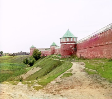 Eastern wall of the Spaso-Yevfimiev Monastery, Suzdal, 1912. Creator: Sergey Mikhaylovich Prokudin-Gorsky.