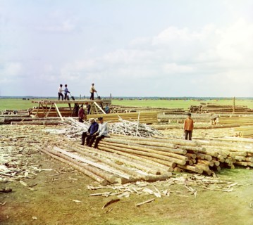 Log sawing, Kuzminskoy, 1912. Creator: Sergey Mikhaylovich Prokudin-Gorsky.