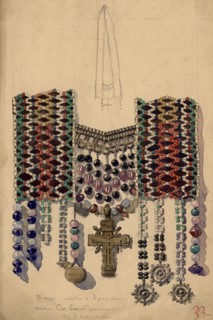 Jewelry made from beaded ribbon with a cross (Stepan Suturov's wife), Selkups, 1920. Creator: A. G. Vargin.