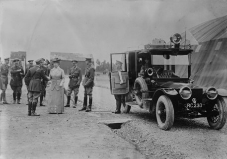Queen Mary visits aerodrome shed, 5 Jul 1917. Creator: Bain News Service.