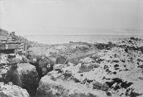 First Aid Station, American Trenches, 1917 and 1918. Creator: Bain News Service.