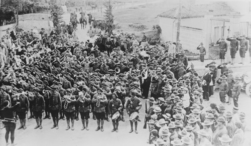 French band & U.S. troops, 1917 or 1918. Creator: Bain News Service.