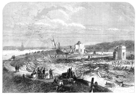 Scene of the explosion of gunpowder magazines near Erith, 1864. Creator: Unknown.