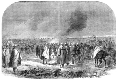 The War in Schleswig: the 9th regiment of hussars...bivouacking on the battlefield..., 1864. Creator: Unknown.