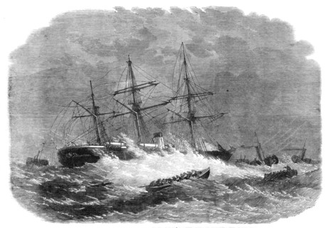 The screw-steamer Ontario aground on Hasborough Sands, near Yarmouth, 1864. Creator: Unknown.