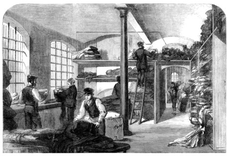 The Cotton Famine: receiving clothes at Bridewell Hospital...for the distressed operatives, 1862. Creator: Unknown.