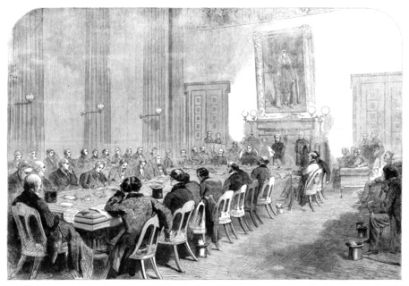 The Cotton Famine: meeting of the central relief committee...Manchester townhall..., 1862. Creator: Unknown.