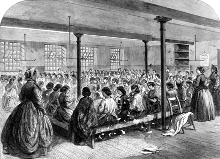 The Cotton Famine: the sewing-class at the Manchester...Provident Society's rooms, 1862. Creator: Unknown.