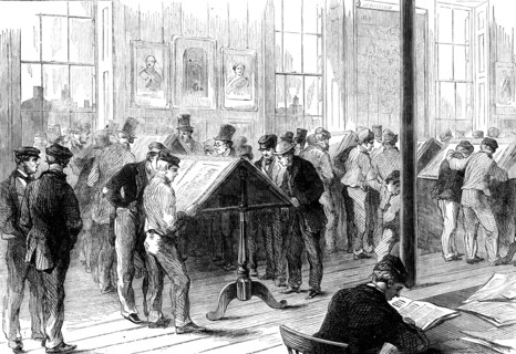 The Cotton Famine: operatives reading the latest news from America in Camp-field free library, 1862 Creator: Unknown.