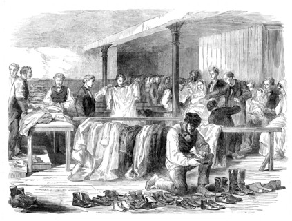 The Cotton Famine: the Manchester and Salford Provident Society distributing clothing, 1862. Creator: Unknown.