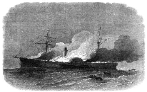 Burning of the United States' mail-steamer Roanoke, off St. George's, Bermuda..., 1864. Creator: Smyth.