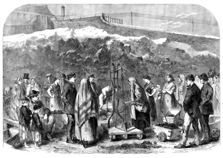 The Cotton Famine: distributing coal at the Castle-field old coal-wharf, Manchester, 1862. Creator: Unknown.