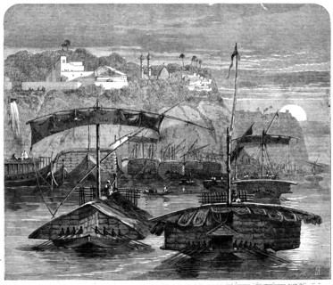 Cotton from India: a cotton fleet descending the Ganges - casting off from Mirzapore, 1862. Creator: Smyth.