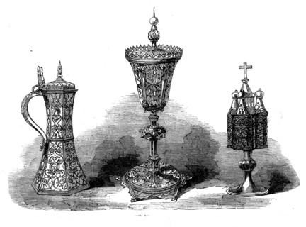 The Loan Collection, South-Kensington: Silver-gilt tankard; the Lynn Cup; chrismatory, 1862. Creator: Unknown.