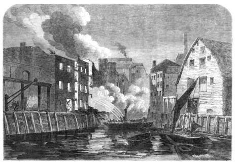 Scene of the fire at Dockhead, Bermondsey, sketched on Saturday morning, 1864. Creator: Unknown.