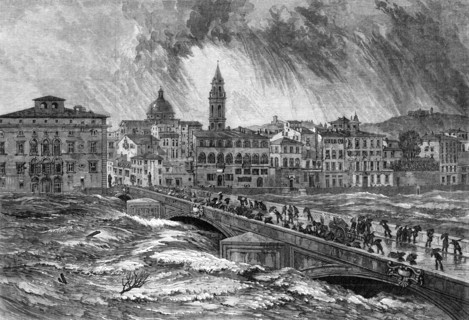 The late flood of the Arno at Florence – from a sketch by E. W. Cooke, R.A., 1864. Creator: Mason Jackson.