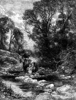 Birkett Foster's "Pictures of English Landscape": the Stepping-stones, 1862. Creator: Dalziel Brothers.