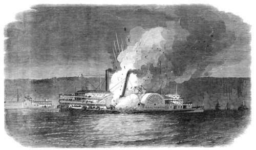 Burning of the American river steamer Isaac Newton on her way from New York to Albany, 1864. Creator: Unknown.