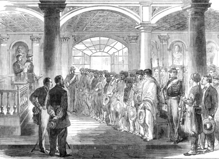 Sketches from Mexico: court-martial of Mexican brigands at Puebla, 1864. Creator: Unknown.