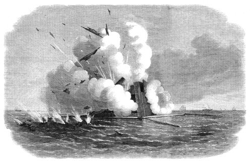 Experiments with the Armstrong 600-pounder against the Warrior floating target, 1864. Creator: Unknown.
