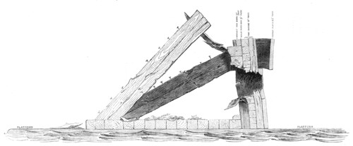 Experiments with the Armstrong 600-pounder against the Warrior floating target, 1864. Creator: Unknown.
