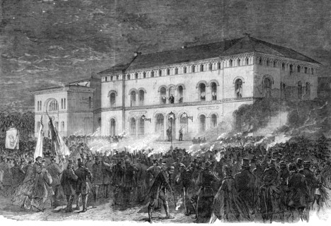 The Schleswig-Holstein Difficulty: torchlight welcome to Prince Frederick,...Railway Hotel, 1864. Creator: Unknown.