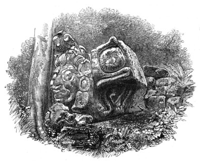 The Ruins of Copan, Central America: a head, with other sculptured stones, 1864. Creator: Unknown.
